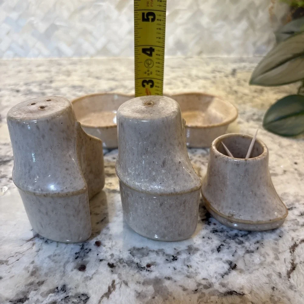 Vintage Israel Salt and Pepper Nurit Pottery Abstract MCM Toothpick Holder Caddy